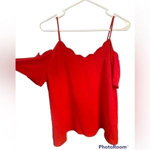 Monteau Red Scalloped Hem Date Night Cold Shoulder Top (size L)
